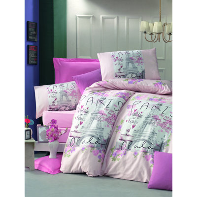 Ensemble de housse de couette 100% coton rose / blanc Meekins