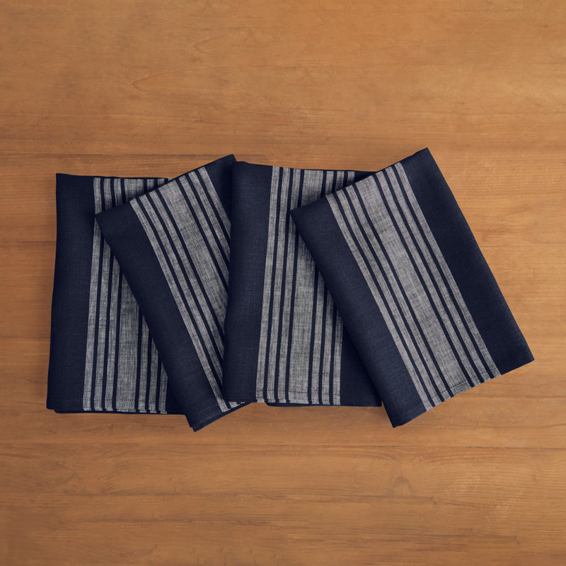 Farmhouse - 100% Pure Linen Dinner Napkins, White and Navy