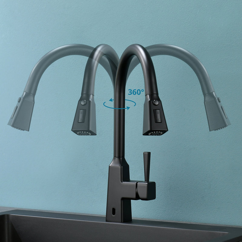Robinet de cuisine sans contact avec poignée rétractable - Mains intelligentes automatiques - Détecteur de mouvement en céramique de laiton contemporain noir activé par le capteur pour des opérations simplifiées. Allure moderne pratique et hygiénique.