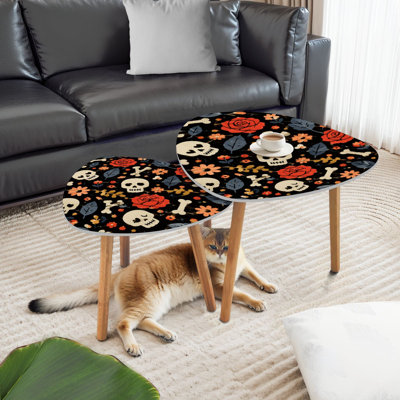 Triangle Nesting Coffee Table Set of 2 Skull Roses Bones Floral Motifs Black End Table Modern Minimalist Side Table Set for Living Room Bedroom