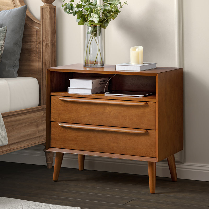 Aviannah Mid-Century Modern 2 - Drawer Nightstand With Built-In Charging Station And Legs And Open Shelf, Acorn