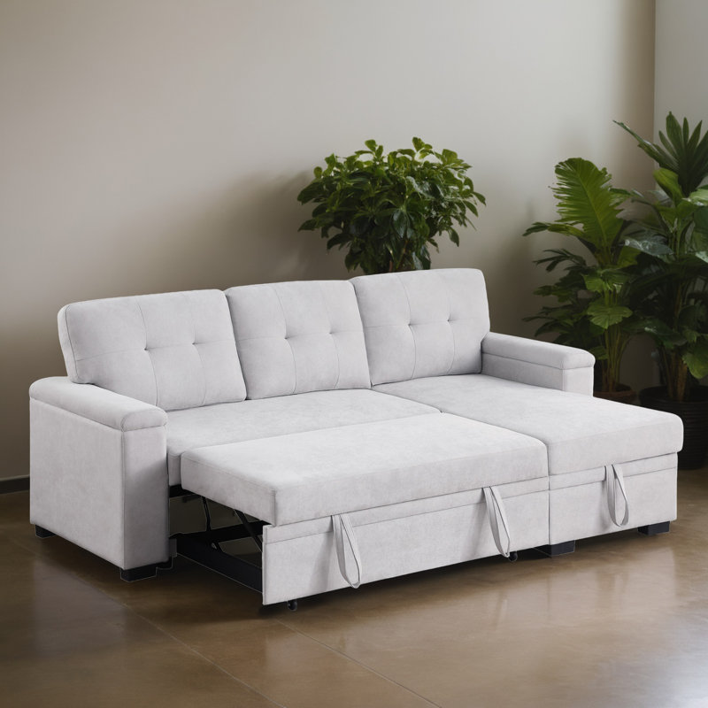 85" Reversible L-shaped Pull-Out Sleeper Sectional Sofa Bed with Storage Chaise, Light Gray