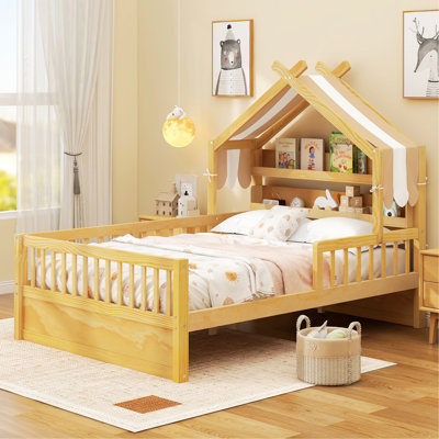 Lit de cabane en bois avec tête de lit et tablette de rangement, cadre de lit pour chambre à coucher