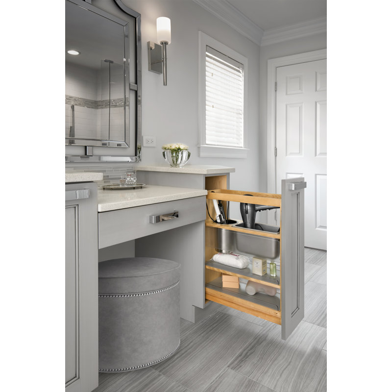 Rev-A-Shelf Wood Vanity Cabinet Pull Out Grooming Organizer with Soft Close, 25.5" H x 8.39" W x 19.56" D