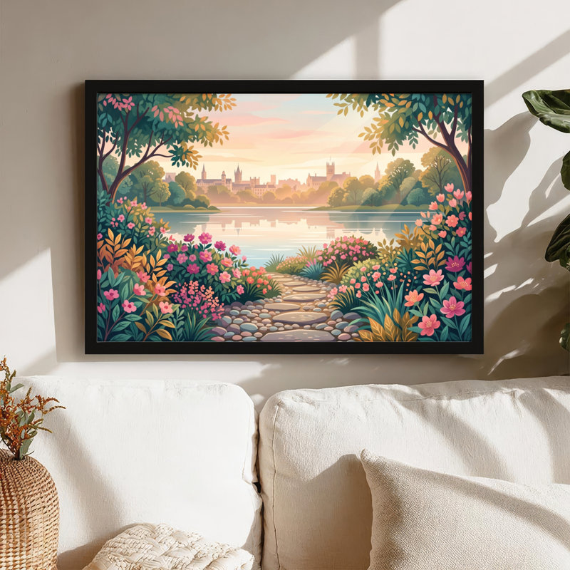 Toile noire encadrée en bois noir pour le salon, la chambre à coucher, le bureau ou le vestibule - décoration murale décorative avec chemin de jardin