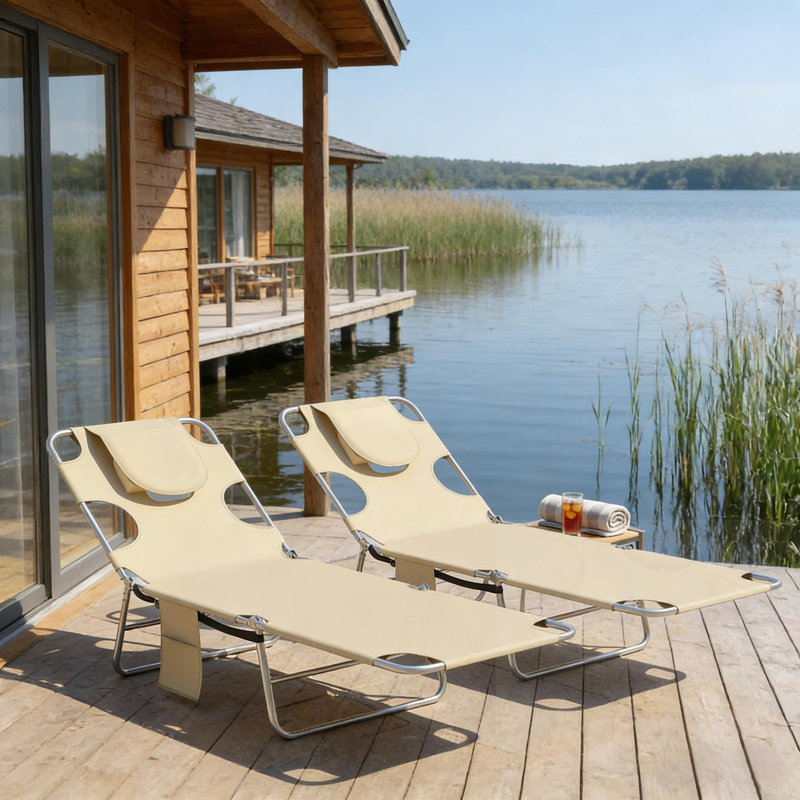 Folding Lounge Chairs With Adjustable Back And Face Hole(Set Of 2), Beige