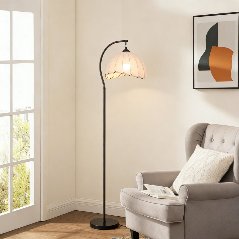 Black Arc Floor Lamp With Fabric Shade And Inline Switch