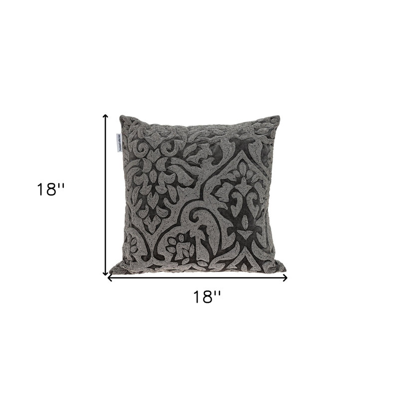 Coussin 18 "en velours damassé gris et argent avec perles, Gris