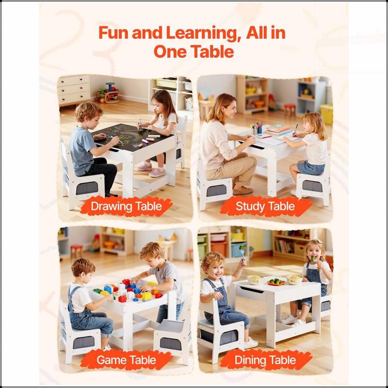 Ensemble de table et de chaises pour enfants avec plateau réversible pour tableau blanc / noir et rangement, idéal pour l'art, l'apprentissage et les jeux