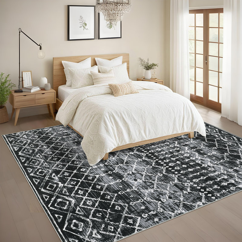 Tapis lavable moderne à motif géométrique Tribal, Noir, Rectangle 10 pi x 13 pi