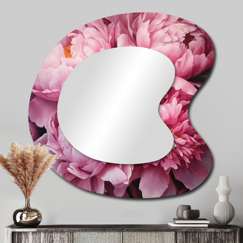 Selen rose vert pivoine captivante II - miroir mural asymétrique floral unique, miroir de forme unique traditionnel, impression d'art en métal