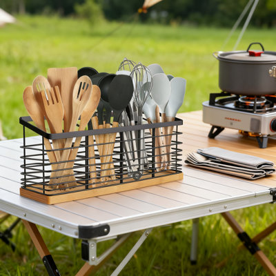 Large Kitchen Utensil Holder With 4 Compartments, Farmhouse Countertop Organizer With Wooden Base For Spatulas Spoons Whisks And More