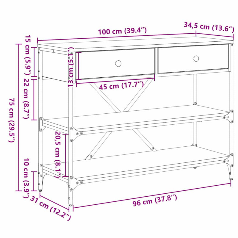  Console Table With Drawer With Shelf Old Engineered, 75cm H x 100cm W x 34.5cm D, Black Oak