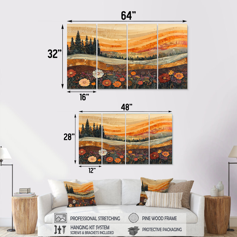Ullin - Art mural de fleurs sauvages - Art mural traditionnel pour le salon, 4 pièces, H 32 po x l 64 po