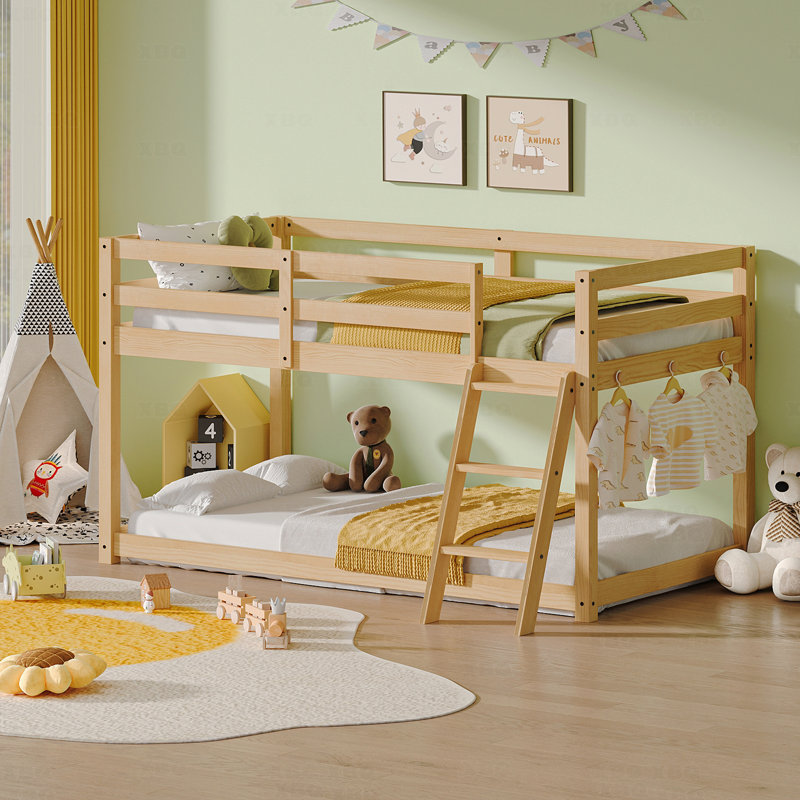 Cadre de lit pour enfant Lit simple mezzanine bas - convertible en lit superposé, bois massif moderne avec éclairage à DEL