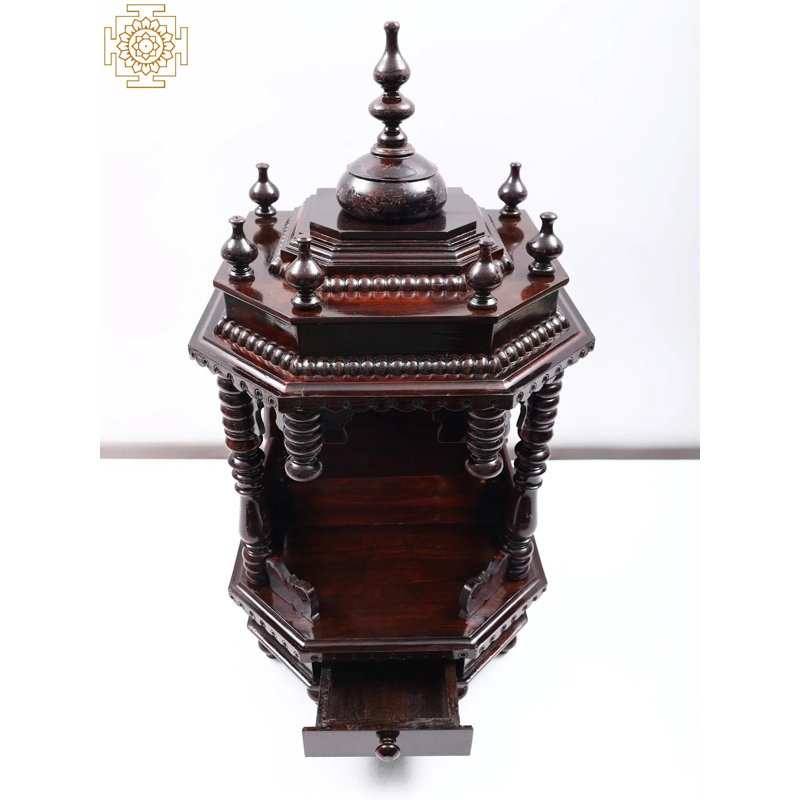 Puja Mandir en bois sculpté à la main avec tiroir de rangement
