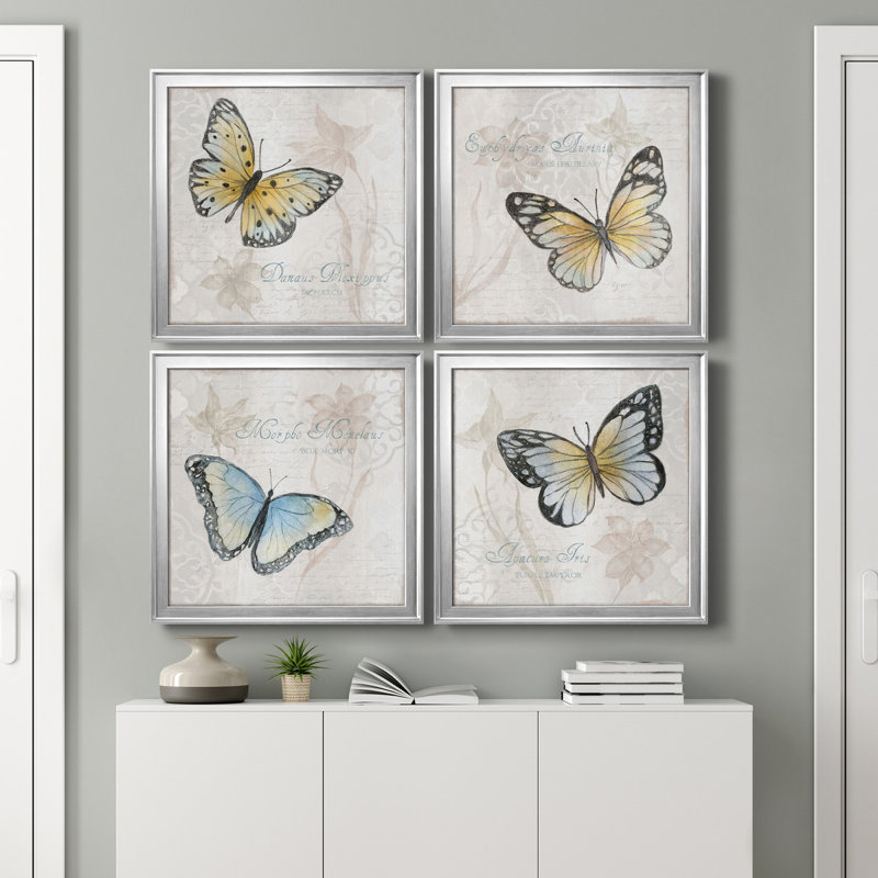 Carte postale papillon I - ensemble de 4 peintures sur toile encadrées, Argent, H 17,5 po x l 70 po x P 1,5 po
