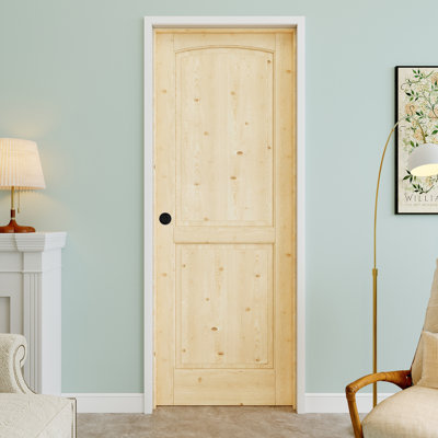30" x 80" 2-Panel Pine Wood Interior Prehung Door with Round Knob and Black Hinges, Natural Pine Wood, Paintable & Waterproof, Suit for Laundry, Closet Doors, Room Doors, Right Hand