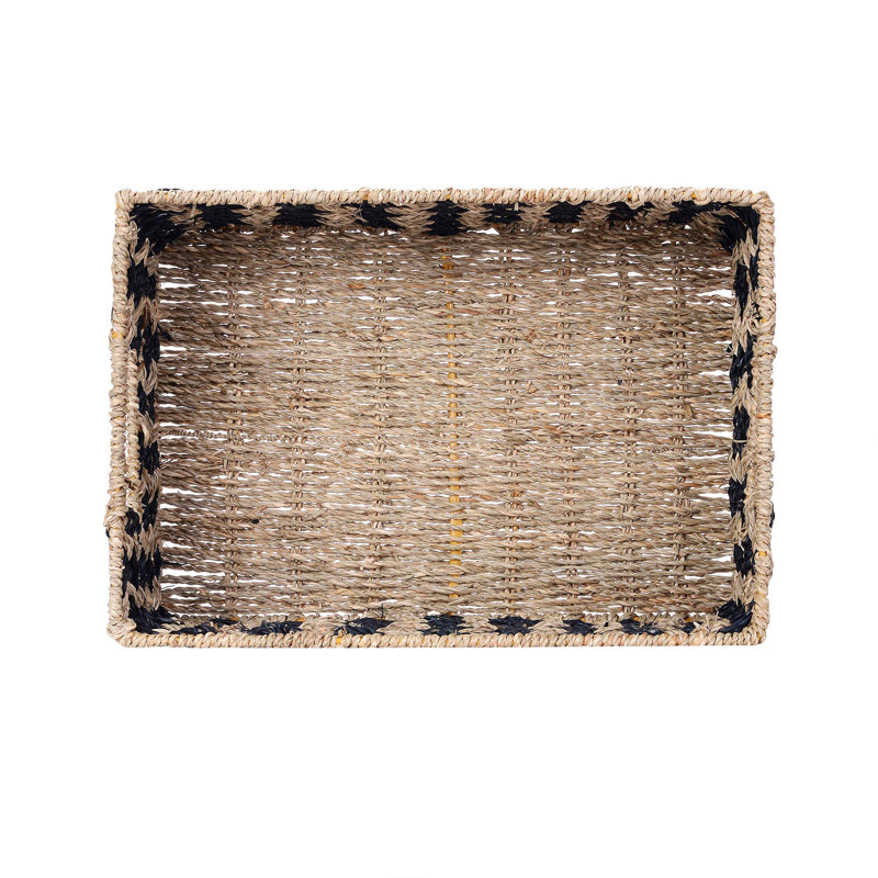 Set of 2 Black and Natural Seagrass Rectangular Storage Baskets