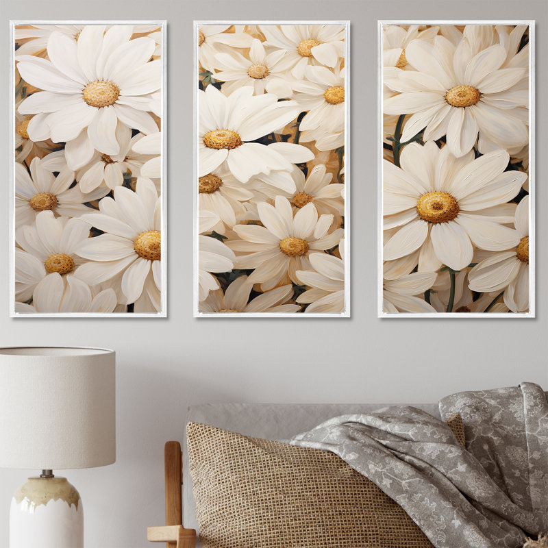 «White Daisy Fields Elegance II» - ensemble d'art mural marguerites, H 32 po x l 48 po x P 1 po, Cadre flottant blanc
