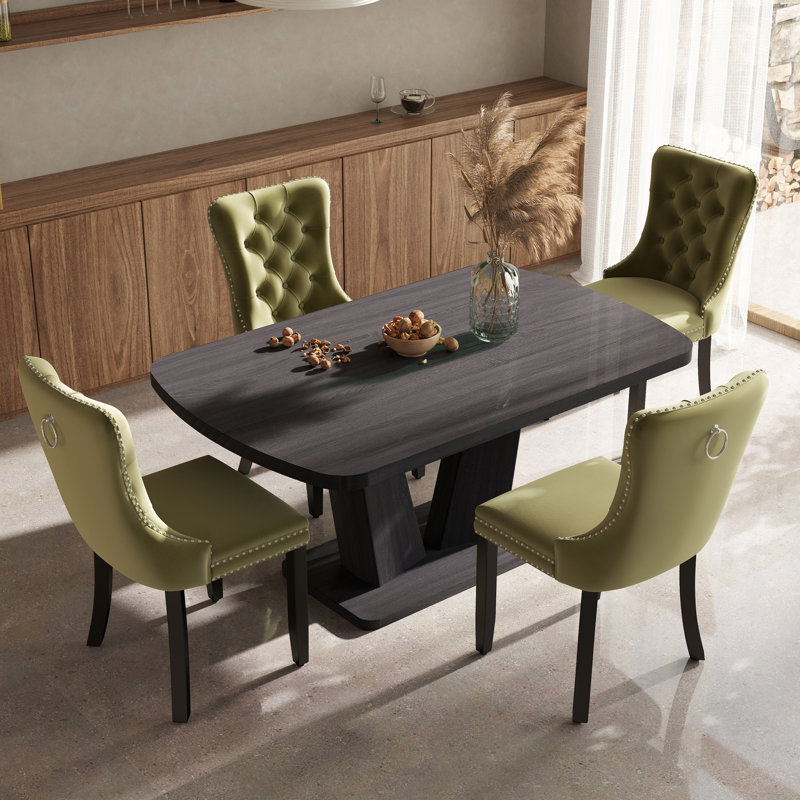 Ensemble de salle à manger à piédestal rectangulaire avec chaise capitonnée, 5, Vert olive, Gris