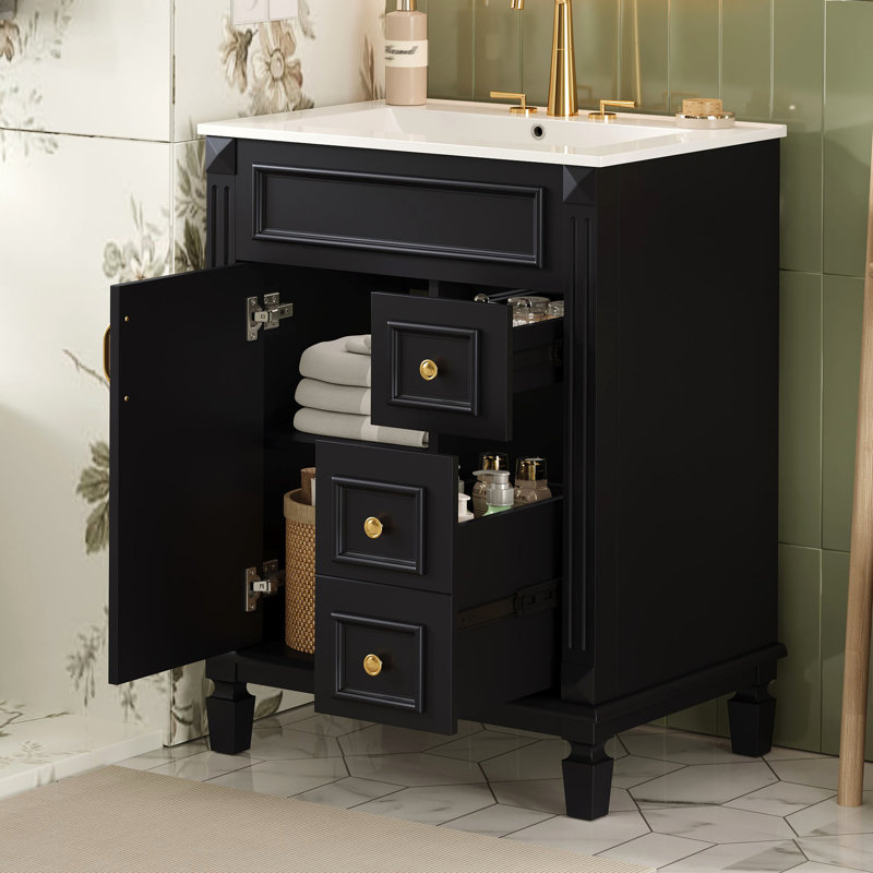 Meuble-lavabo 24 po avec lavabo en céramique, petite armoire de salle de bain moderne, 2 tiroirs et tablette réglable, Black