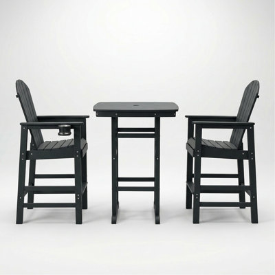 Ensemble de patio à hauteur de bar 3 pièces en PEHD, table de pub carrée à dessus haut 42,1 po + 2 chaises de bar, ensemble bistro extérieur toutes saisons, noir