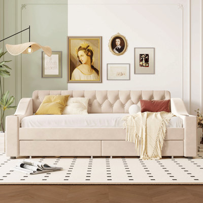 Twin Size Upholstered Daybed With Storage Armrests And Usb Port