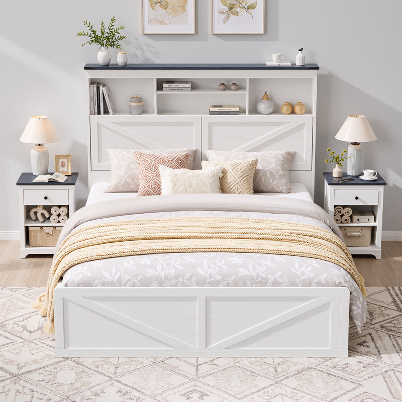 Farmhouse Full Size Bed Frame With 52" Tall Storage Headboard And Led Light, Wood Platform Bed Frame With 4 Drawers And Charging Station,Wood Slats Support,No Box Spring Needed