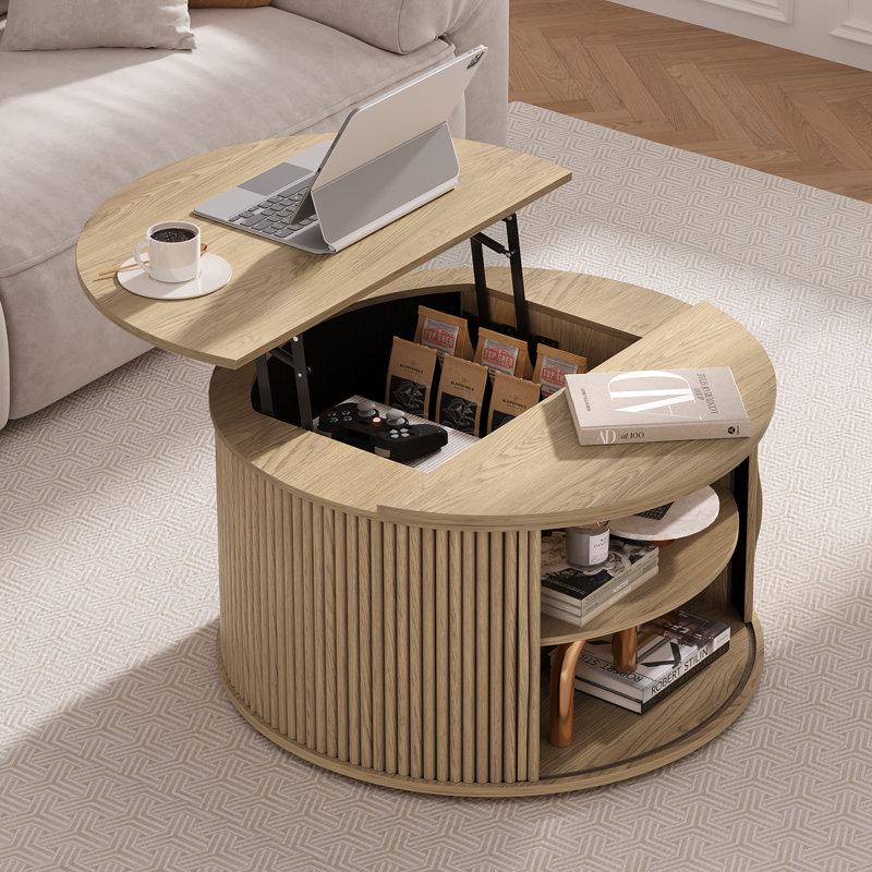 Table basse ronde avec plateau relevable, table basse à plateau relevable cylindrique de 31,5 po avec rangement à compartiments cachés, petite table centrale cannelée pour salon, chêne