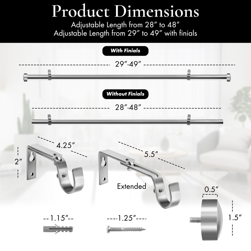 Tringle à rideaux simple réglable 1 po, 28" - 48", Nickel satiné