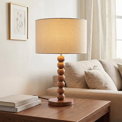 17.5'' Modern Walnut Finish Solid Wood Table Lamp With Linen Shade For Living Room, Study Room, Office & Bedside
