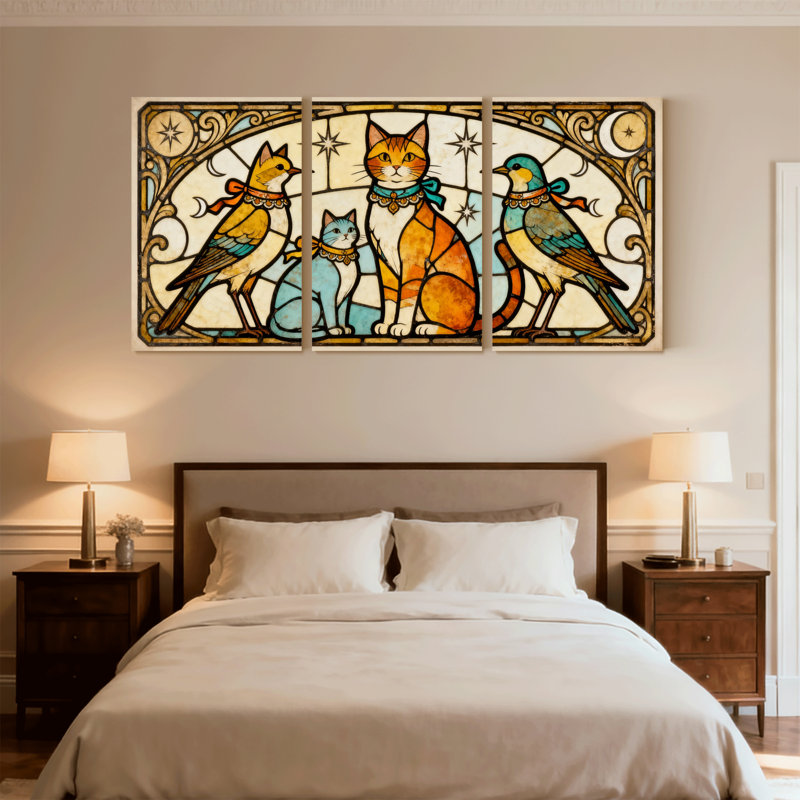 Ensemble de 3 reproductions d'art sur toile de style vitrail chats et oiseaux, H 24 po x l 48 po