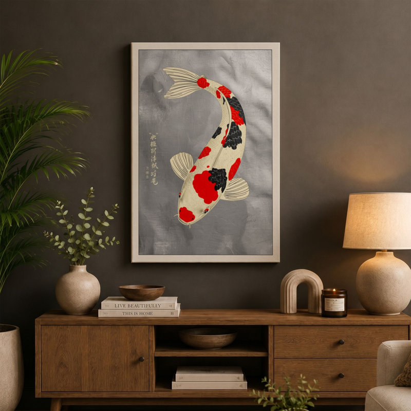 Flowing Koi Japandi - Wrapped Canvas, 24x16 - 61.0 x 40.6 cm, Teal Border