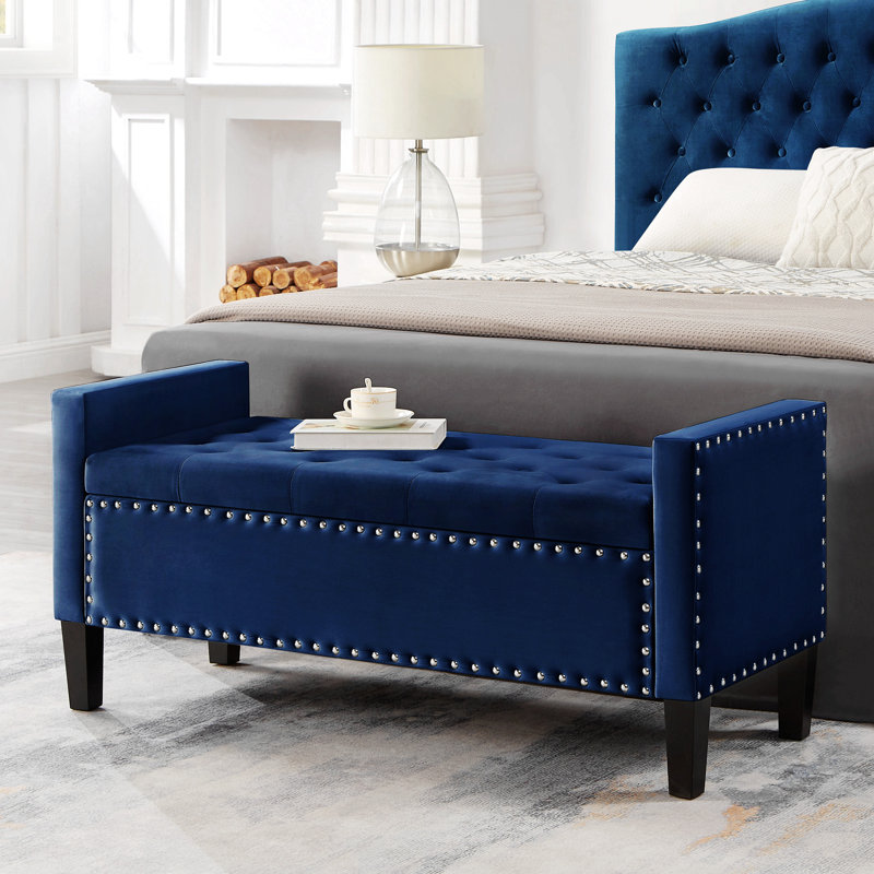 Banc de rangement rembourré capitonné avec accoudoirs, Marine