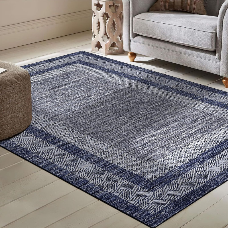 8x10 Modern Rug Thin Washable Non-Slip Geometric Border Low Pile Foldable Soft Non-Shedding Indoor Accent Carpet Gray