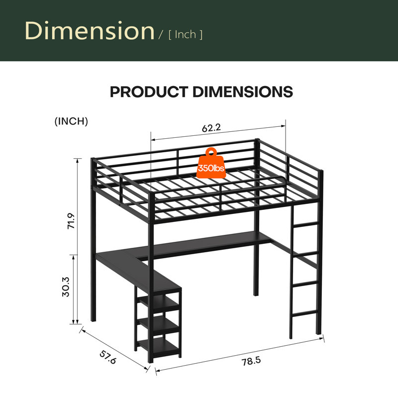 Lit mezzanine double avec bureau et tablettes ouvertes, cadre de lit en métal robuste avec garde-corps et échelle de sécurité, lits mezzanine avec bureau en L