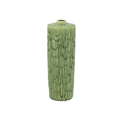 Textured Green Ceramic Cylinder Vase, 13.8" H x 4.7" D, Narrow Opening Floral Decor for Living Room, Office, or Entryway