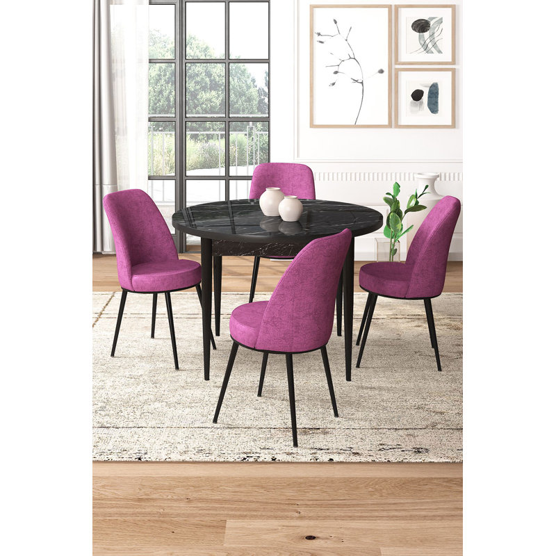 Élégante table et chaises de salle à manger 5 pièces, marbre noir et mauve, table: 35,4 po x 29,5 po x 35,4 po | Panneau 100% aggloméré mélaminé, pieds en métal, chaises en tissu Jerry, dossier confortable en mousse à 22 lettres, design moderne