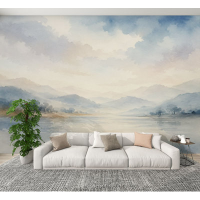 Peel and Stick Wallpaper Serene Misty Mountain Landscape Calm Water Reflection Soft Watercolor Wall Murals 100"H x 144"W Removable PVC Wall Paper Self-Adhesive Wall Decor for Bedroom Home Office