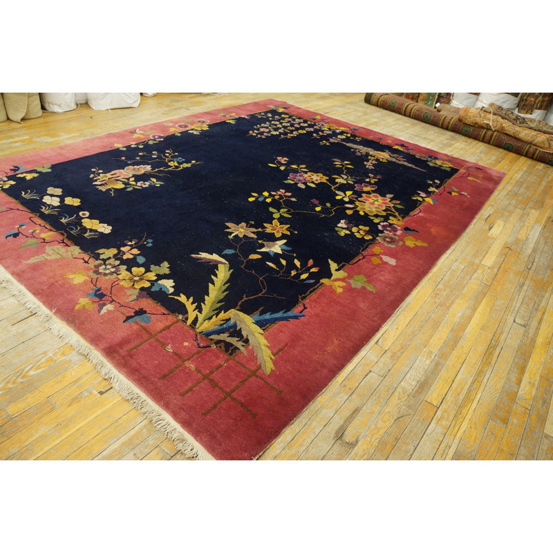 Tapis bleu marine antique en laine de taille art déco