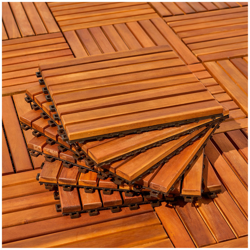 8-Slat Acacia Interlocking Deck Tile (Set of 10 Tiles)