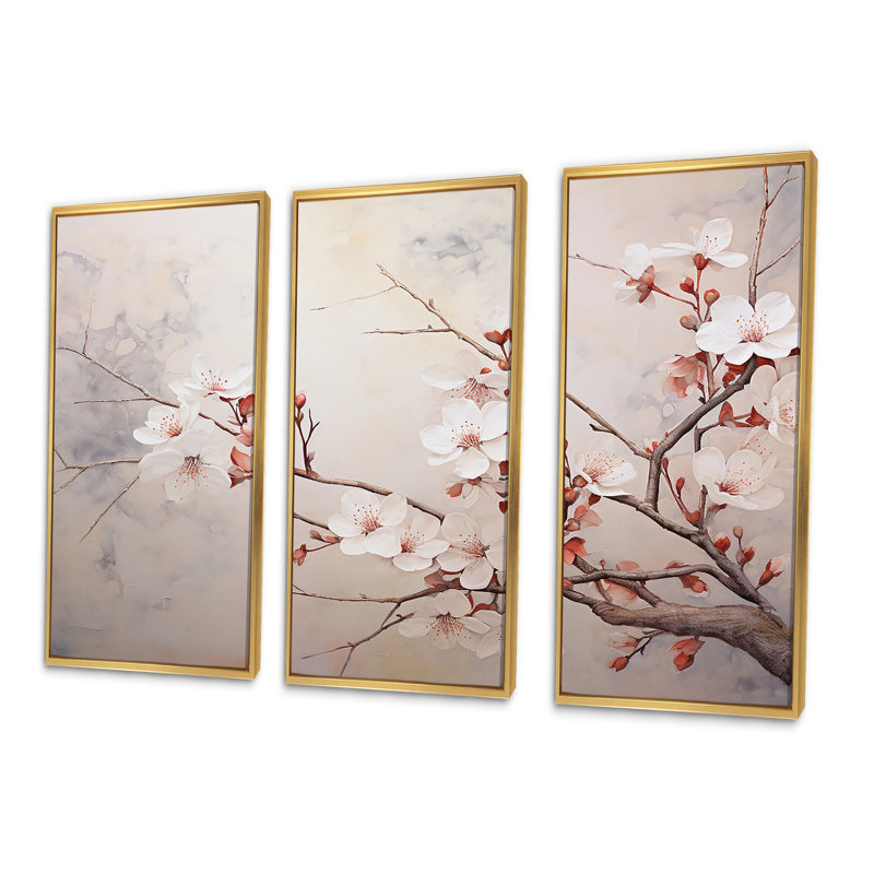 Minimalisme, cerisier en fleurs beige - ensemble d'art mural fleur de cerisier, Cadre flottant doré