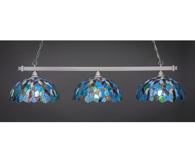 Barre carrée à 3 lumières montrée en finition nickel brossé avec verre d'art mosaïque bleu 16 po