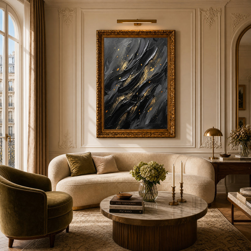 Tableau abstrait à coups de pinceau noirs et or sur toile, H 24 po x l 16 po