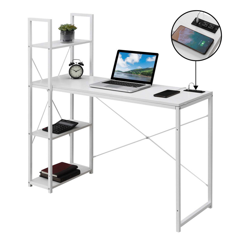 Gerell Computer Desk with Built in Outlets, White