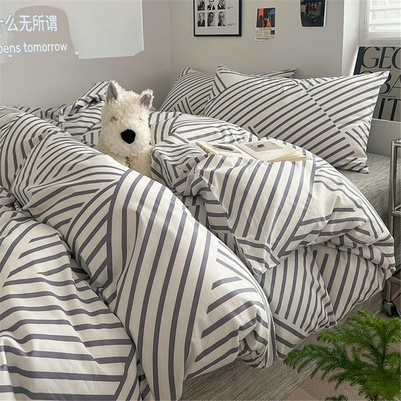 Modern Design 100% Cotton Duvet Cover Set, King Duvet Cover + 2 King Pillowcases, Gray Striped