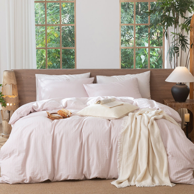 MooMee Striped Duvet Cover Set 100% Washed Cotton Linen Like Textured, King Duvet Cover + 2 King Pillowcases