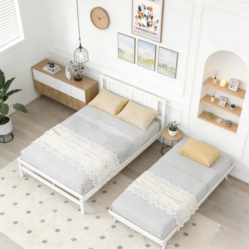 Lit plateforme double avec lit gigogne réglable, Blanc