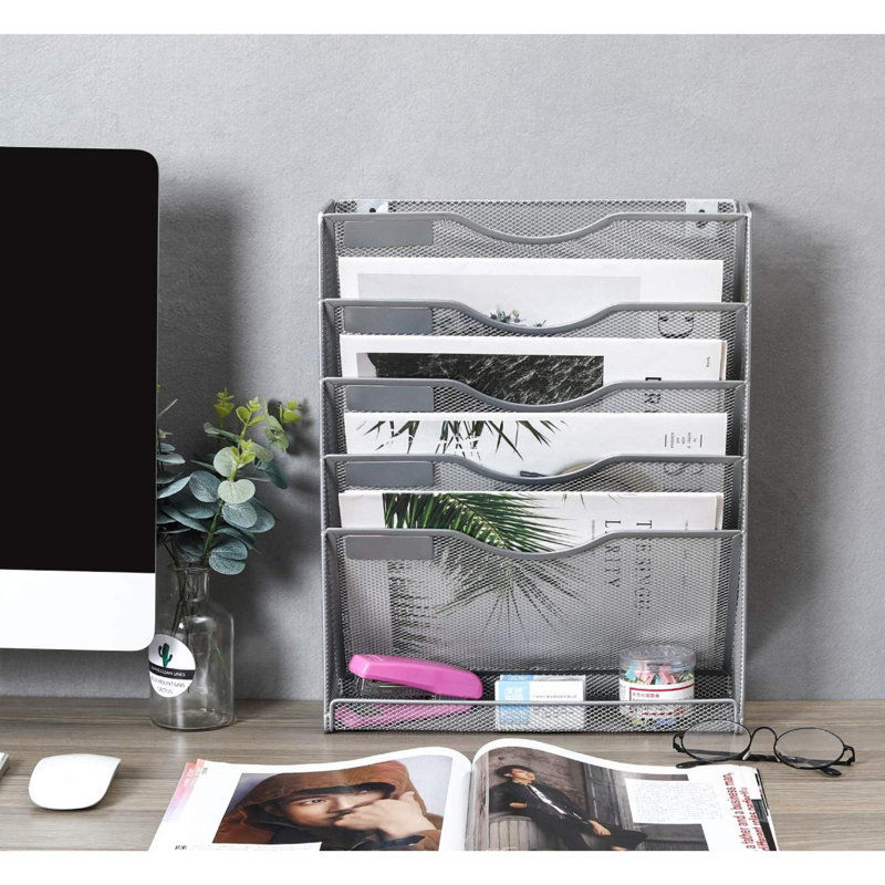 Wall File Organizer Mesh 5 Tier Wall File Holder Desktop Vertical Hanging File Folder Organizer With Bottom Flat Tray Sides Closed,Silver